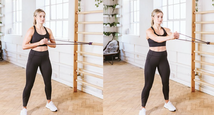 <p>standing rotated 90 deg from the resistance, band/cable at chest level, pt starts holding the band with both hands at their chest and then pushes out until elbows are straight; cue pt to keep shoulders pointed straight ahead and to contract their core</p>