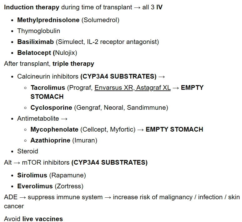 <p><strong>mTOR inhibitors </strong>as <strong>transplant </strong>drug</p><ul><li><p>Rapamune → <strong>Sirolimus</strong></p><ul><li><p><strong>Oral solution</strong></p></li><li><p><strong>Protect from light </strong>and <strong>refrigerate</strong></p></li></ul></li><li><p>Zortress → <strong>Everolimus </strong></p><ul><li><p><em>Afinitor</em><strong><em> </em></strong><em>→ </em><strong><em>cancer</em></strong></p></li></ul></li></ul><p></p>