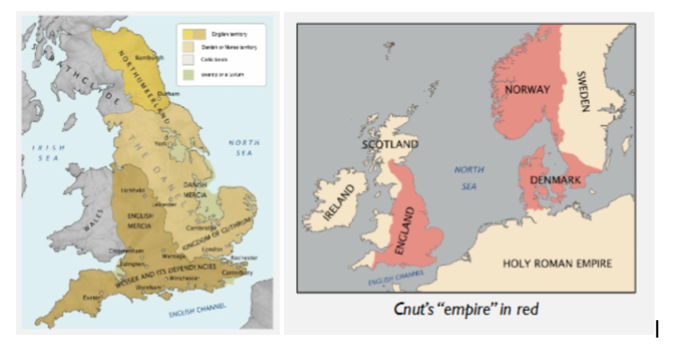 <ul><li><p>The kingdom of <strong>Wessex </strong>becomes de facto “England” by mid-10c.</p></li><li><p><strong>Scandinavian </strong>populations and linguistic influence remain throughout, especially in the <strong>northeast</strong>.</p><ul><li><p>Proper names: -throp, -by, -son (scandi. way of marking descendants). . .</p><ul><li><p><strong>patronymics</strong></p></li></ul></li></ul></li><li><p>A strange cultural situation:</p><ul><li><p>Shared cultural heritage (warrior society, “paganism”…)</p></li><li><p>Old Norse speakers are powerful and relatively numerous, but also willing to “pick up” the local language and assimilate to it.</p><ul><li><p>diff image of domination…just give us land and we’ll assimilate. ON pple didn’t have huge attachment to own land.</p></li></ul></li></ul></li><li><p>Scandinavian attacks from varied sources keep happening throughout the 9th and 10th centuries!</p></li><li><p><strong>Æthelred the Unready</strong> (979-1016)</p><ul><li><p>“Rex Etheldredus dictus Unredi, quod Latine sonat Inconsultus…”</p></li><li><p>Alliance: <strong>Emma of Normandy</strong></p></li><li><p>Tribute: Danegeld</p></li></ul></li><li><p>Swein Forkbeard > <strong>Cnut </strong>> Cnut’s two sons</p></li><li><p>> <strong>Edward the Confessor</strong> (son of Æthelred and Emma; dies 1066) </p><ul><li><p>didn’t have a son, leads to big shift in OE</p></li></ul></li></ul><p></p>