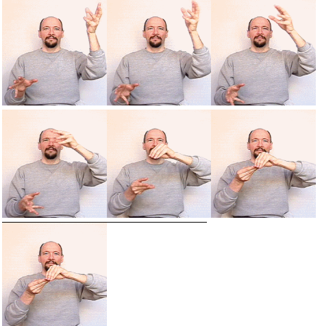 <p>5 hands dom hand is up on dom side with palm facing down. Non dom hand palm is facing up and closer to floor. hands come together and move to flat “o”s and fingertips touch</p>