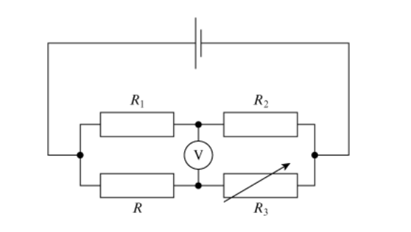 <p><span>An experimental setup designed to measure the resistance of an unknown resistor </span><em>R</em><span> using two known resistors </span><em>R</em><sub>1</sub><span> and </span><em>R</em><sub>2</sub><span>, the variable resistor </span><em>R</em><sub>3</sub><span>, a voltage source, and a voltmeter is shown.</span></p><p><span>Which relationship gives the value of </span><em>R</em><span> when </span><em>R</em><sub>3</sub><span> is adjusted so that the voltmeter reading is zero?</span></p><p><strong>A</strong></p><p><em>R</em> = <em>R</em><sub>3</sub> × <em>R</em><sub>1</sub>/<em>R</em><sub>2</sub></p><p><strong>B</strong></p><p><em>R</em> = <em>R</em><sub>3</sub> + <em>R</em><sub>2</sub> – <em>R</em><sub>1</sub></p><p><strong>C</strong></p><p><em>R</em> = <em>R</em><sub>3</sub> – <em>R</em><sub>2</sub> + <em>R</em><sub>1</sub></p><p><strong>D</strong></p><p><em>R</em> = <em>R</em><sub>3</sub> × <em>R</em><sub>2</sub>/<em>R</em><sub>1</sub></p>