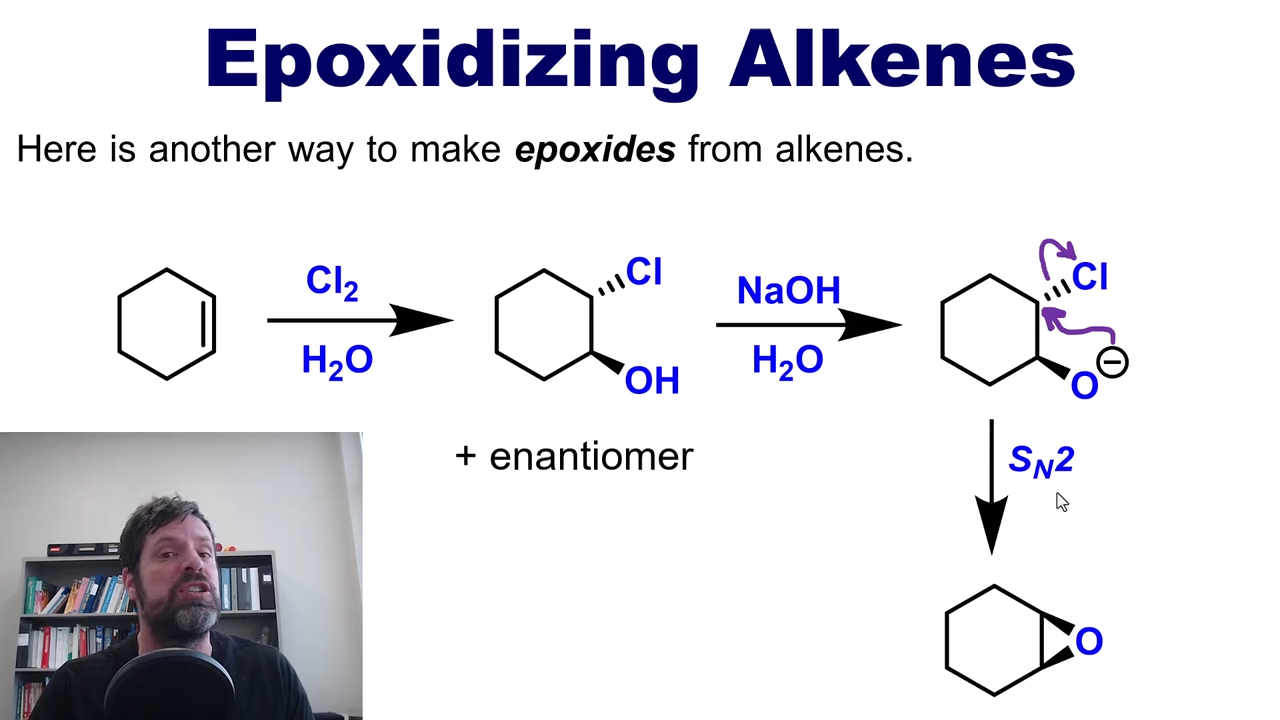 <p>alkenes are first exposed to Cl2 and H2O, and then put under basic conditions (H2O and NaOH) This deprotinates the H, causing an SN2 reaction</p>