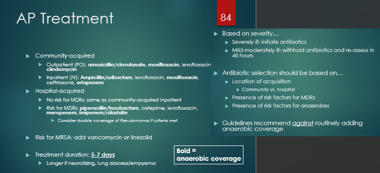 <p>withhold abx and re-assess unless severely ill…</p><p></p><p><span style="font-family: "Century Gothic";">(see image - guidelines  have no  consensus…<strong>he said DO NOT MEMORIZE…. just treat like CAP if community acquired; if HAP treat like hospital acq, etc</strong><u>)</u></span></p>