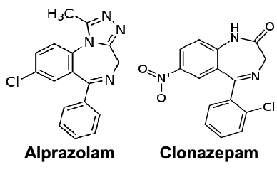 <ul><li><p>alprazolam</p></li><li><p>clonazepam</p></li></ul><p></p>