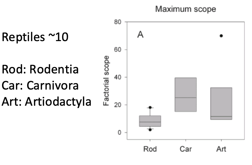 <p>Maximal metabolic rate (MMR) / resting metabolic rate (RMR)</p><ul><li><p>Roughly similar between reptiles and mammals (~10).</p></li><li><p>Suggests mechanistic linkage (through organ size?)</p></li></ul><p></p>