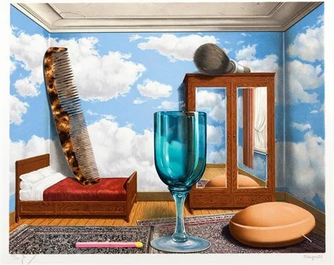 <p>In this enigmatic painting by Magritte, he challenges the viewer with ______________.</p>