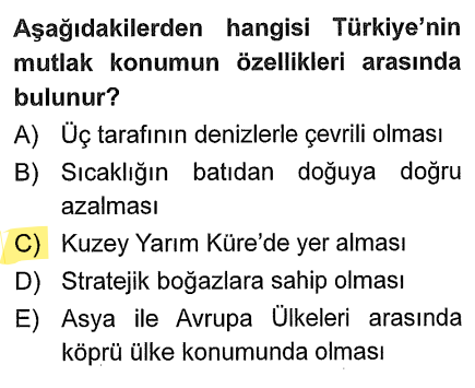 <p>Üç tarafın denizle çevrili olması (Göreceli), Boğazlar (Göreceli), Köprü konumunda olma (Göreceli), Batı-Doğu sıcaklık farkı (Göreceli/Yükselti).</p><p>Türkiye'nin Kuzey Yarım Küre'de olması, başlangıç paraleline (Ekvator) göre konumunu belirler.</p>