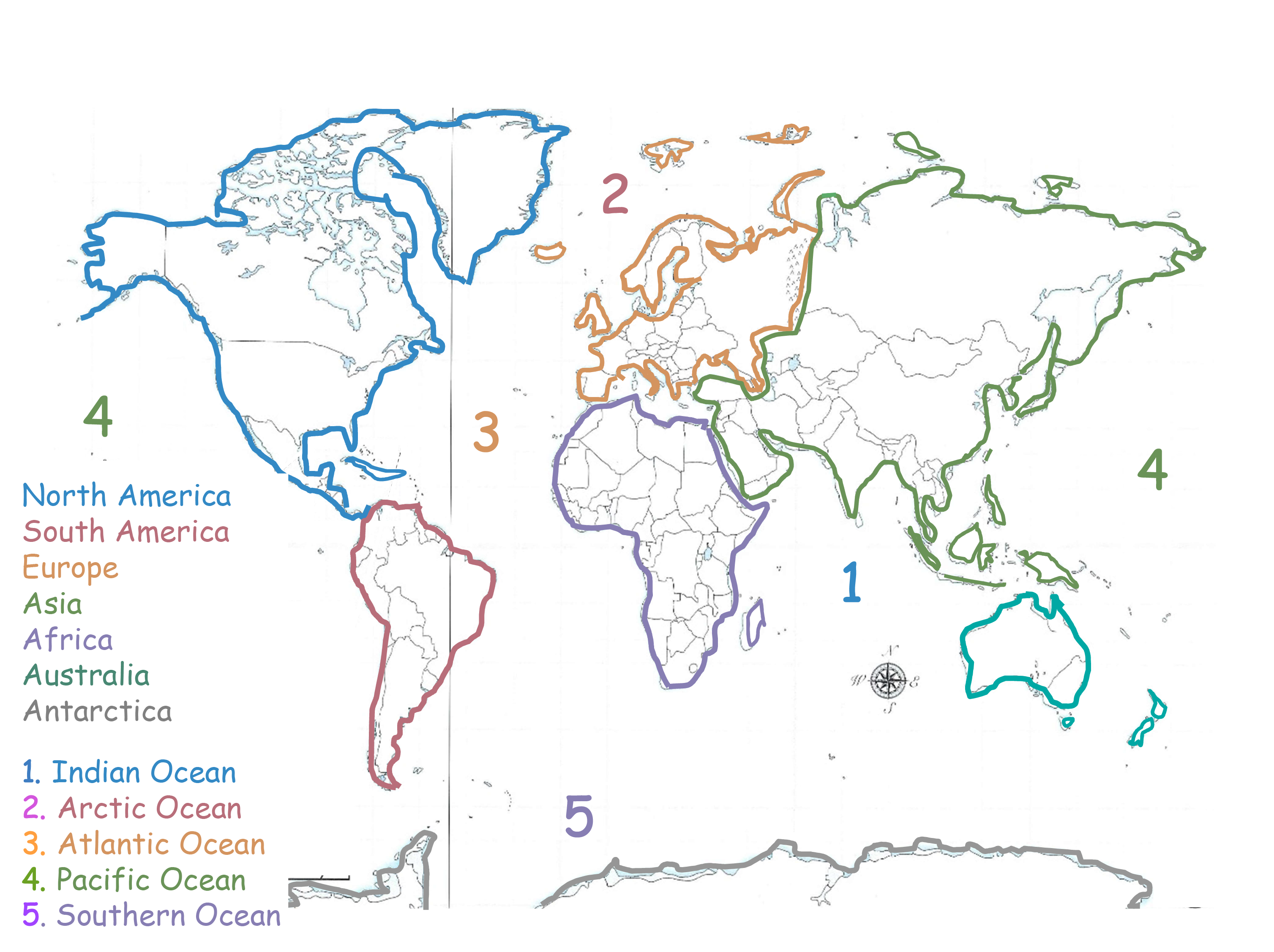 <p>Continents:</p><p>North America, South America, Europe, Asia,</p><p>Africa, Australia, Antarctica</p><p>Oceans:</p><p>Indian Ocean, Arctic Ocean, Atlantic Ocean, Pacific Ocean,</p><p>Southern Ocean</p>