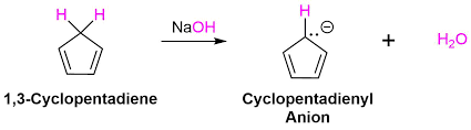 <p>Cyclopentadiene + NaH: base pulls off a proton from the sp3 carbon to create the cyclopentadienyl anion (brings sp3 gap to aromatic, 6 pi electrons) </p>
