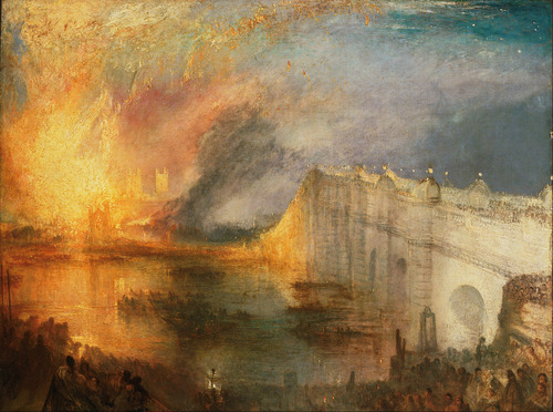 <p>(Romanticism in England) By James Mallord William Turner, "The Burning of the Houses of Lords and Commons, 16th October 1834"</p>