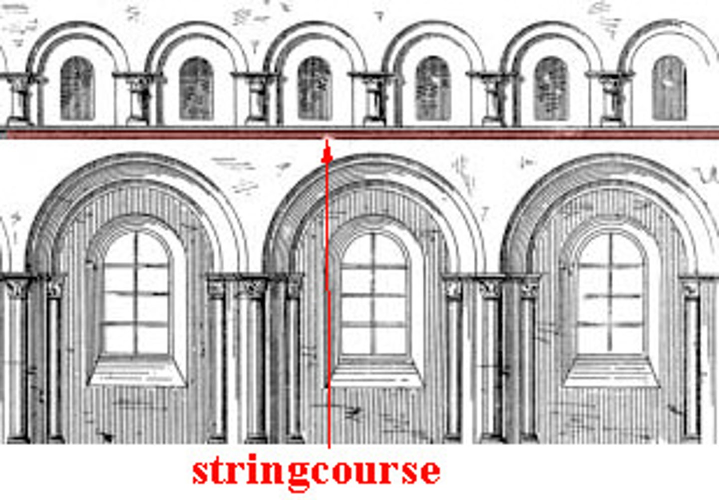 <p>a raised horizontal band or course of bricks on a building. above the window, runs along the building horizontally and has a decorative pattern.</p>