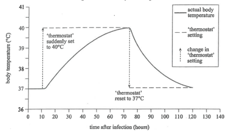 <p><span style="font-family: "Amasis MT Pro Light";">Refer to the following graph, which shows the changes in body temperature of a human being during the first 120 hours of a bacterial infection.</span><span><br></span></p><p><span style="font-family: "Amasis MT Pro Light";">During a bacterial infection, white blood cells release a protein that changes the set point of the brain ‘thermostat’ from 37˚C to 40˚C.</span><span><br></span><span style="font-family: "Amasis MT Pro Light";">When this protein breaks down after about 3 days, the brain ‘thermostat’ is reset to 37˚C.</span><span><br></span><span style="font-family: "Amasis MT Pro Light";">Which one of the following responses is most likely to occur?</span><span><br></span><span style="font-family: "Amasis MT Pro Light";">J. A decrease in thyroxine production between 10 and 70 hours after the onset of the infection.</span><span><br></span><span style="font-family: "Amasis MT Pro Light";">K. A decrease in metabolic activity between 10 and 70 hours after the onset of the infection.</span><span><br></span><span style="font-family: "Amasis MT Pro Light";">L. Shivering at 40 hours after the onset of the infection, when the body temperature is about 39˚C.</span><span><br></span><span style="font-family: "Amasis MT Pro Light";">M. A decrease in sweating at 80 hours after the onset of the infection, when the body temperature is about 39˚C.</span></p>