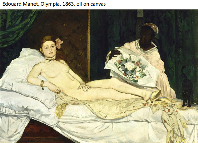 <p><strong>Identification:</strong></p><ul><li><p>Artist: Manet</p></li><li><p>Title: <em>Olympia</em></p></li><li><p>Date: 1863</p></li><li><p>Movement: Realism / Early Modernism</p></li></ul><p><strong>Historical Context:</strong></p><ul><li><p>The painting caused a major scandal when it was exhibited, with viewers reacting angrily and even needing guards to protect it.</p></li><li><p>Many critics described it as ugly, unfinished, and offensive.</p></li><li><p>It reflects widespread anxiety in Paris about prostitution and modern urban life.</p></li><li><p>Manet directly references Titian’s <em>Venus of Urbino</em> (1538), but transforms the idealized goddess into a modern woman.</p></li><li><p>Unlike traditional nudes, this figure represents a <strong>working woman (likely a prostitute)</strong> rather than a mythological figure</p></li></ul><p><strong>Style:</strong></p><ul><li><p>The lighting is harsh and flat, with a yellow tone that removes the soft, glowing beauty seen in classical paintings.</p></li><li><p>The figure appears sharply outlined, with areas that look patchy or unfinished by traditional standards.</p></li><li><p>The painting lacks the smooth blending and idealization expected in academic art.</p></li><li><p>This makes the image feel more direct, real, and even uncomfortable.</p></li></ul><p><strong>Themes:</strong></p><ul><li><p>Olympia looks directly at the viewer with a calm, self-aware expression, making the viewer feel like a client rather than a distant observer.</p></li><li><p>The painting presents the nude as a real, working woman instead of an idealized goddess, removing the usual “artistic excuse” for nudity.</p></li><li><p>Details such as the black cat (replacing the loyal dog in Titian), jewelry, ribbon choker, and flowers all reference sexuality and the sex trade.</p></li><li><p>Her hand placement is firm and deliberate, suggesting control rather than modesty.</p></li><li><p>The work challenges traditional ideas of beauty and femininity by showing a body that is not softened or idealized.</p></li><li><p>It exposes the reality of modern life, particularly the visibility of prostitution in Paris.</p></li><li><p>By reworking a classical image into a modern scene, Manet undermines traditional art and forces viewers to confront uncomfortable social realities.</p></li><li><p><strong>Manet transforms the traditional idealized nude into a modern, confrontational figure, forcing viewers to confront the realities of prostitution and their own role as observers.</strong></p></li></ul><p></p>