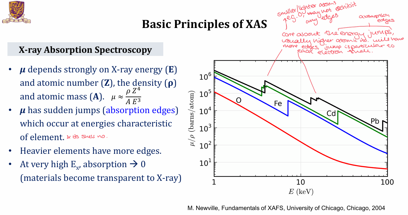 <ul><li><p>μ will depend on x-ray energy, E, atomic no, Z, density, ρ and atomic mass, A</p></li><li><p>μ will have sudden jumps - absorption edges - that occur at energies characteristic of the element and its shell numbers </p></li><li><p>heavier elements have more edges </p></li><li><p>At very high Ex, the absorption tends to 0 as the material will become transparent to x-ray </p></li></ul><p></p>