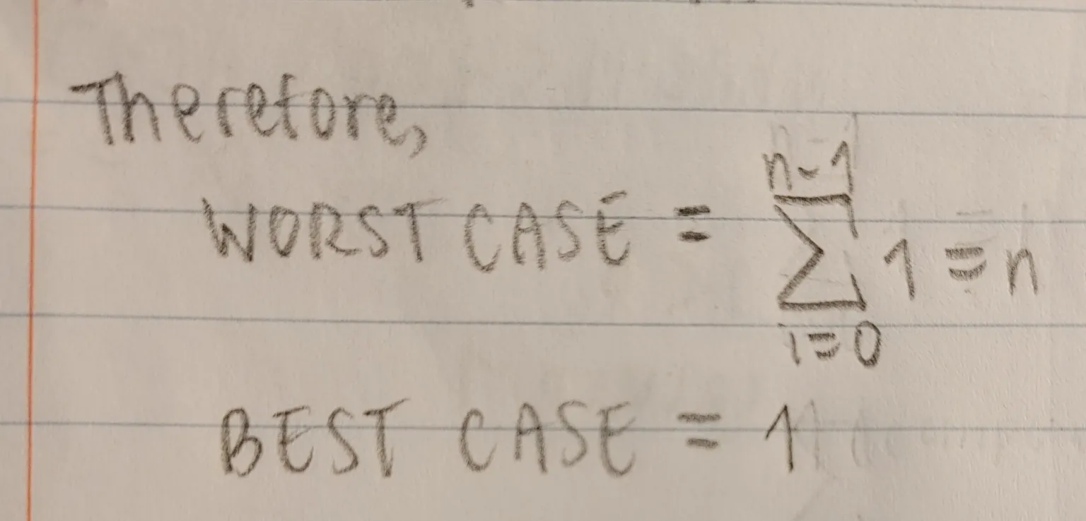 <p>Yes, there is a Best and a Worst case.</p><p><strong>The Worst Case:</strong> If we have the array [3, 8, 6, 2] with n = 4 and we make 4 comparisons, this means we had to search through every element of the array in order to find our desired value.</p><p>As a result, we made the maximum number of comparisons (n comparisons), which takes the most work.</p><p></p><p><strong>The Best Case:</strong> The best case is that we only have to look at the first element in the array in order to find our desired value. This means we only make one comparison.</p>