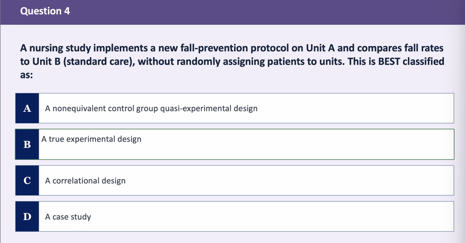 <p>A. a nonequivalent control group quasi-experimental design</p><p>rationale: no randomization → quasi-experimental</p>