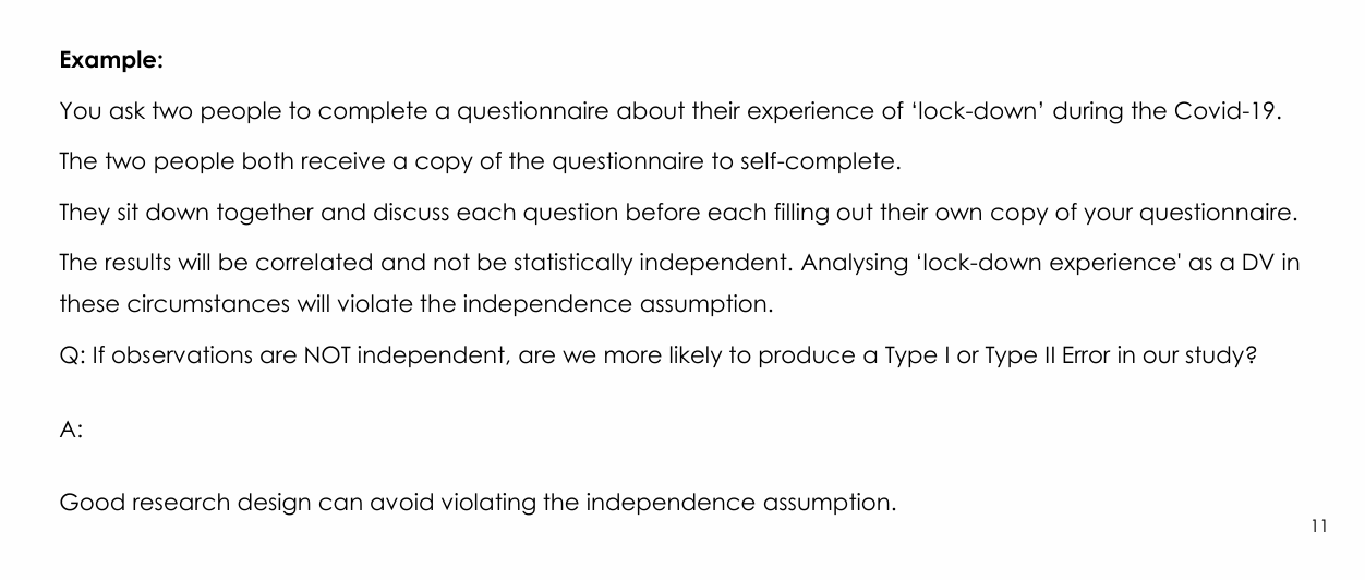 <p>Type I error — a false positive.</p><p>Lecturer explanation:</p><p>Correlated responses can make an apparent effect look stronger or more consistent than it truly is, increasing the chance of detecting an effect that is not genuinely present.</p>