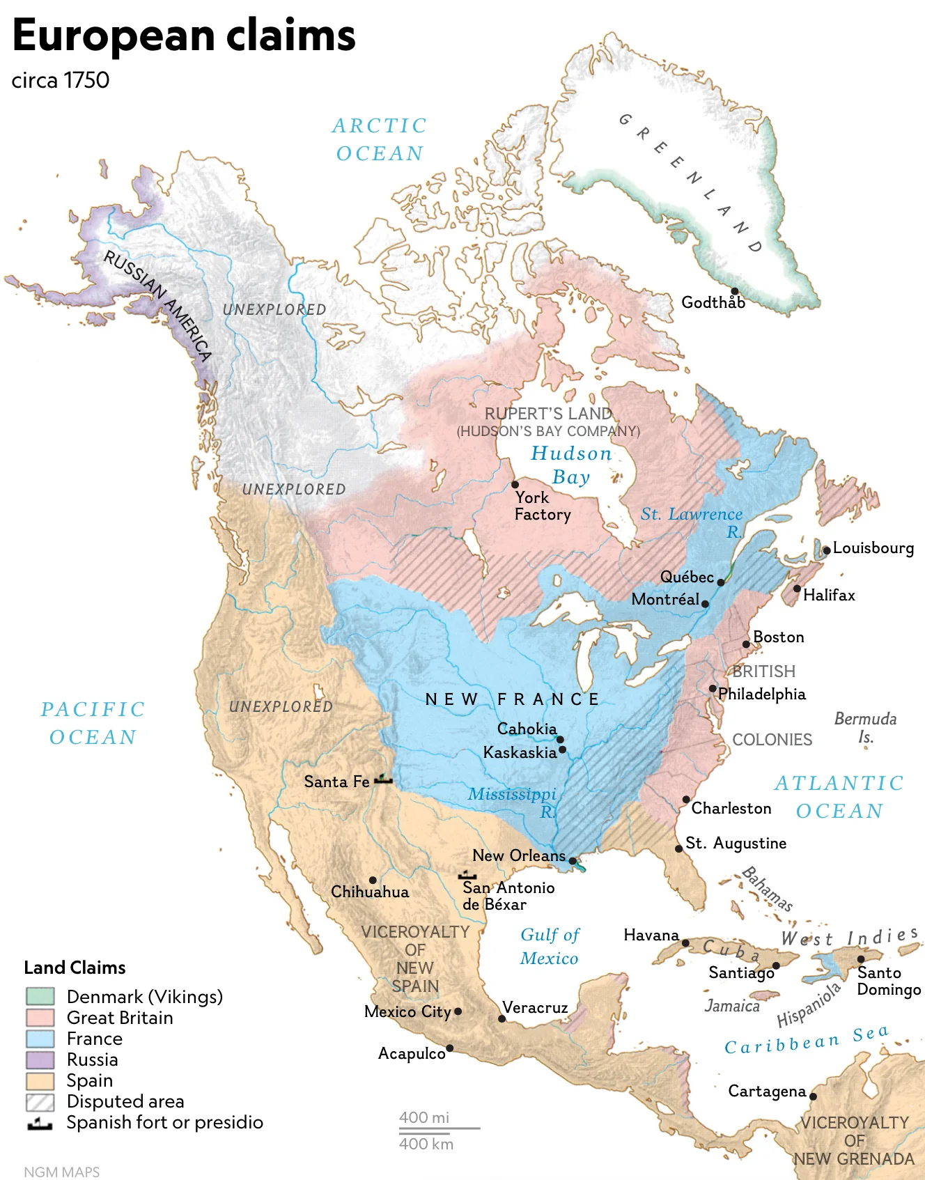 <ul><li><p>Spain: Southwest &amp; Florida</p></li><li><p>France: Mississippi Valley</p></li><li><p>Britain: East Coast</p></li></ul><p></p>