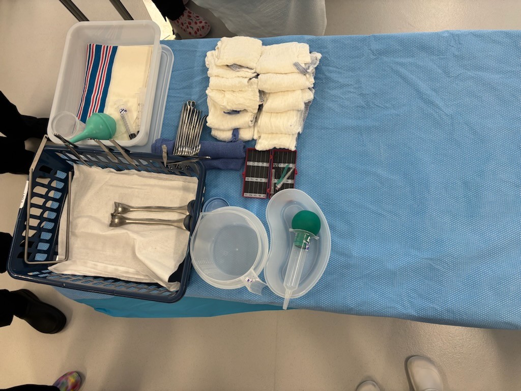 <p>Drape out ring stand before procedure start!</p><p></p><p>for baby:</p><p>- placenta bucket</p><p>- cord blood collection cup</p><p>- 20 mL syringe</p><p>- baby bulb (one for each neonate)</p><p></p><p>Circulator:</p><p>- saline in basin</p><p>- irrigation fluid in pitcher</p><p>- no local!</p><p>- remember clamp and scissors when counting, grab blood syringe from ring stand</p><p></p>