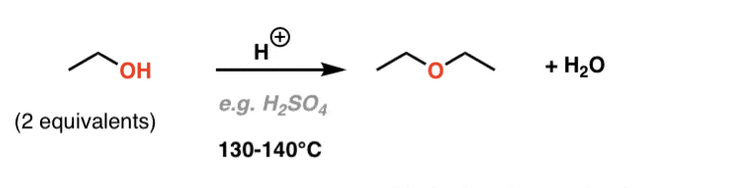 <p>2 alcohols with catalytic H+ and heat produce an ether and H2O</p>