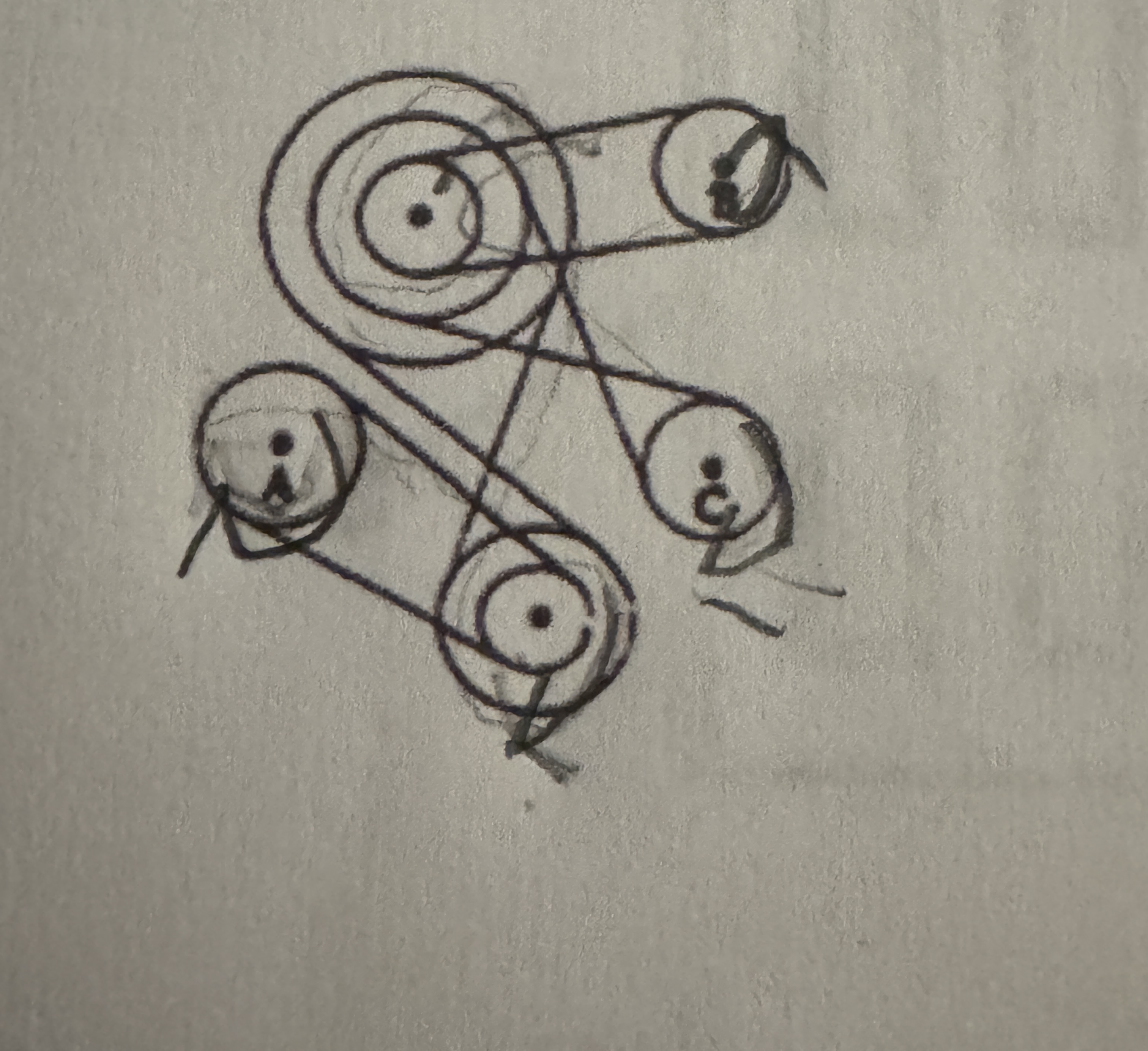 <p>If pulley A rotates in a clockwise direction, what will be the rotational direction of pulleys B and C</p><p>A) both clockwise</p><p>B)pulley B clockwise, C counterclockwise </p><p>C) Pulley C clockwise, B counterclockwise </p><p>D) both counterclockwise </p>