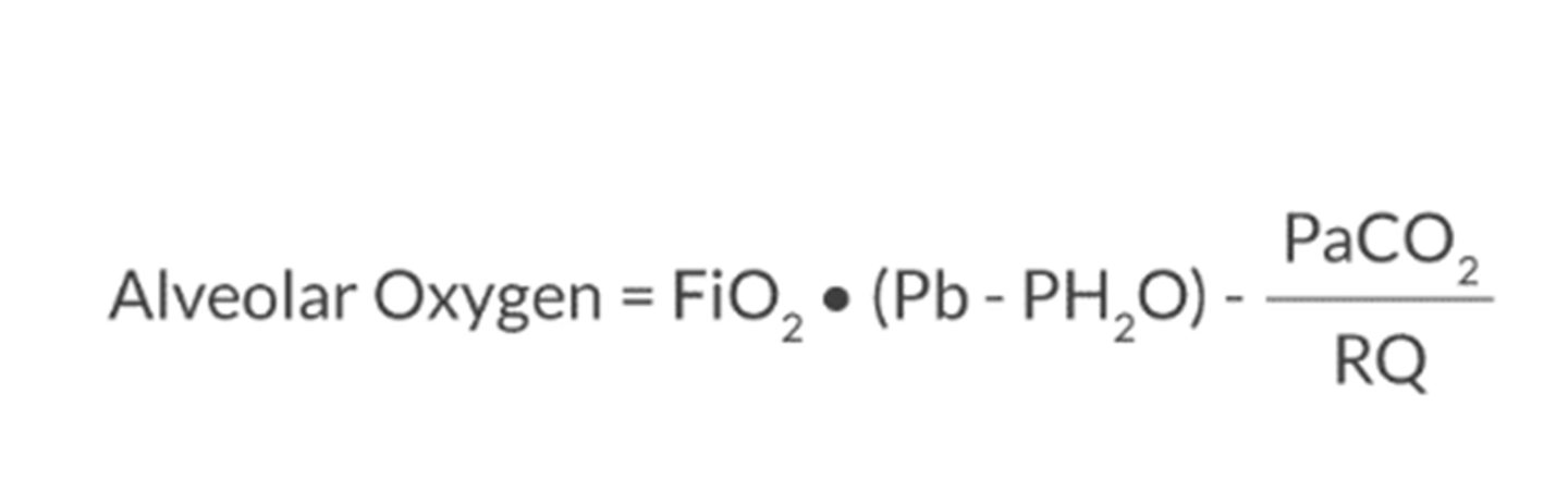 <p>this is used to estimate the partial pressure of O2 in the alveoli</p><p>must understand: hypoventilation can cause hypoxia and hypercarbia, supplemental O2 can easily reverse hypoxemia but not hypercarbia, hypercarbia can go undetected in pt that is breathing supplemental O2</p><p>FiO2= fraction of inspried oxygen</p><p>Pb= barometrc pressure</p><p>PH2O= humidity of inhaled gas (assume 47)</p><p>RQ= respiratory quotient (assume 0.8)</p>