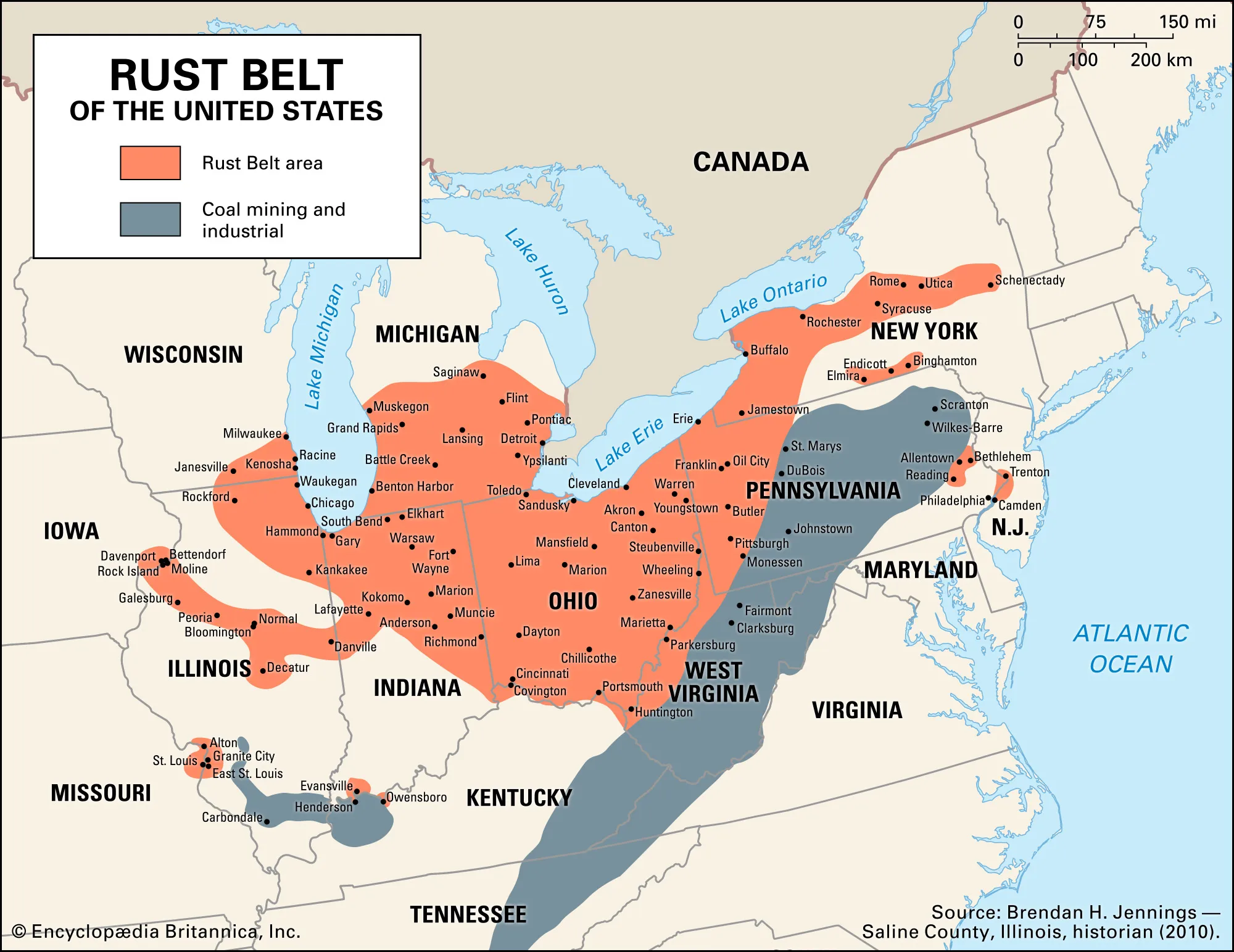 <p>northern industrial states (ohio, michigan, pennsylvania), lost heavy industry in 60s-80s </p>
