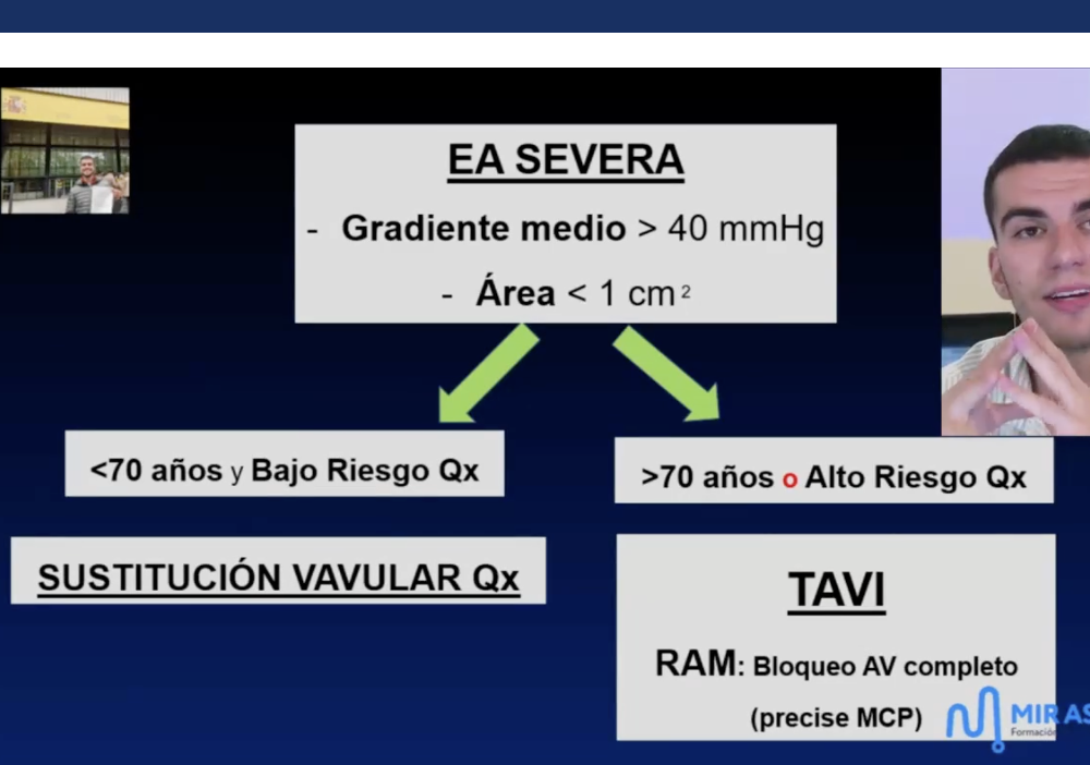 <p>Angor, disnea y sincope (tmb en miocaridopatia hipertrofica)</p><p>Se repara la válvula si <1 cm2 (estenosis severa)</p><p>También se considera severa si gradiente medio >40 mmHg</p><p>TAVI—> complicación frecuente bloqueo aV completo </p>