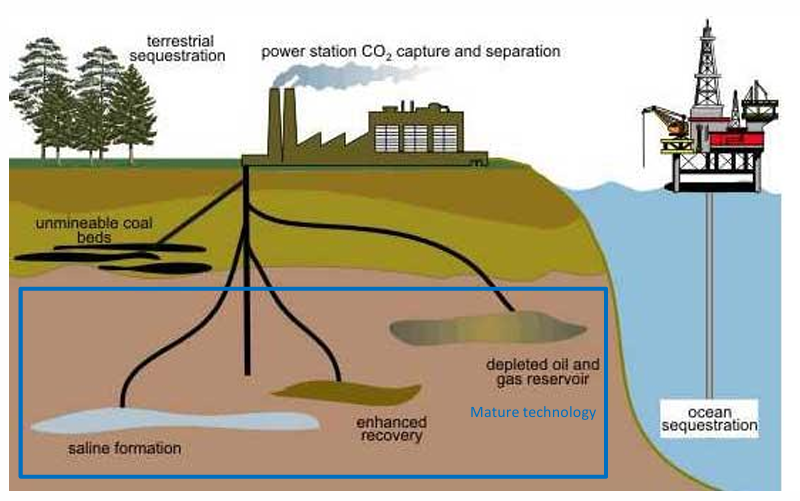 <ul><li><p>enhanced oil recovery</p></li><li><p>saline aquifers</p></li><li><p>carbonation</p></li></ul><p></p><p><span style="background-color: transparent;">Injection and storage of CO2 over 1 MMtpa CO2 is technically viable&nbsp;</span></p><ul><li><p><span style="background-color: transparent;">>10 industrial scale demonstration projects&nbsp;</span></p></li></ul><ul><li><p><span style="background-color: transparent;">Enhanced Oil Recovery (CO2 injected into oil reservoir)</span></p></li></ul><p></p><p><span style="background-color: transparent;">>98 % of properly stored CO2 will remain over 10,000 year</span></p>