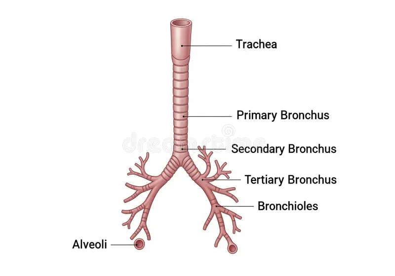 <p><strong>primary bronchi</strong> branch into smaller secondary tubes</p>
