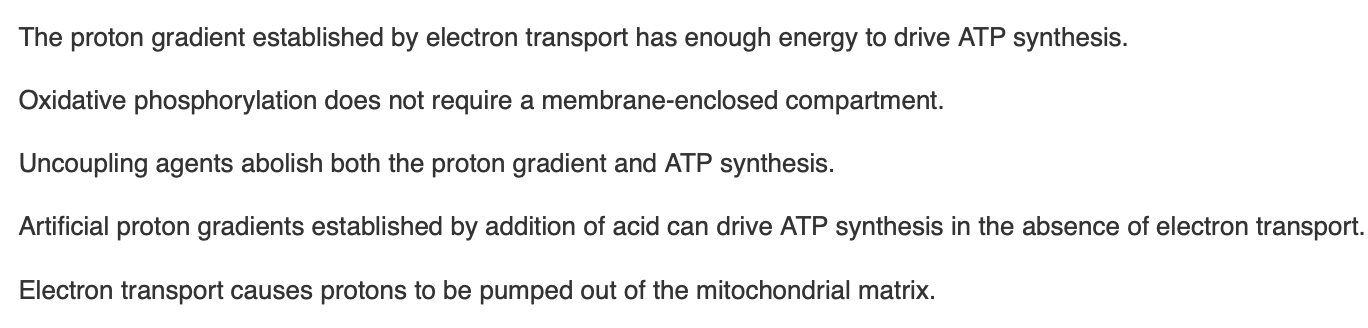 <p><span>The chemiosmotic model of ATP synthesis is based on each of the following lines of experimental evidence </span><em>except</em></p>