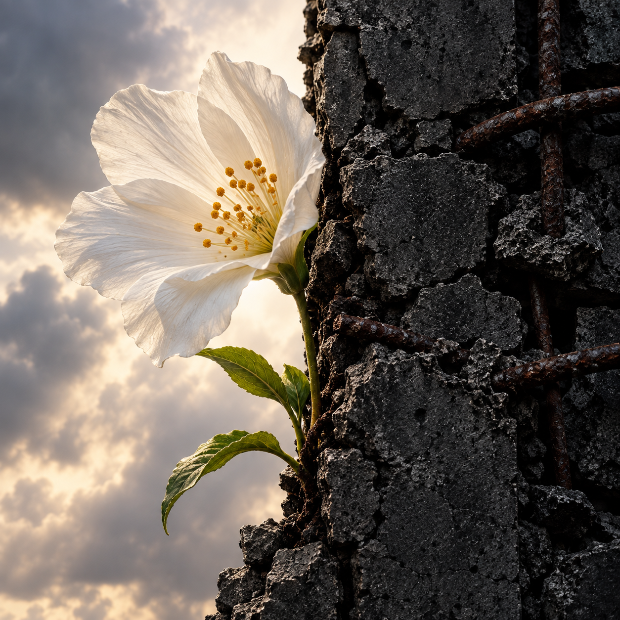 <p>The sharp juxtaposition of a delicate white flower growing out of a massive, dark, jagged slab of concrete</p>