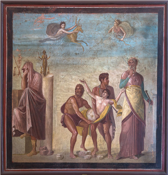 <p>Identify the scene depicted in this wall painting in the peristyle of the house of the tragic poet </p>