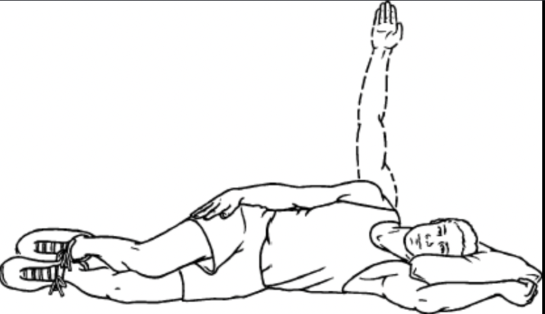 <p>pt on their side with their top elbow straight at their side, pt lifts the arm up toward their</p><p>ear keeping the arm straight</p>