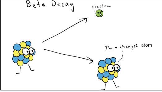 <p><strong>neutron turns into proton</strong> & <strong>releases electron</strong> to balance</p><ul><li><p>turns into different element </p></li><li><p>AN increase by 1 </p></li></ul><p></p>
