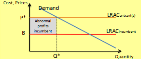<p>> Same assumptions as the previous model</p><p>> But the incumbent has a cost advantage (e.g. due to a more efficient workforce)</p><p>> Incumbent set Q* and P* - if a potential entrant introduces a unit of output, it will push prices below its LRAC, making it unprofitable</p>