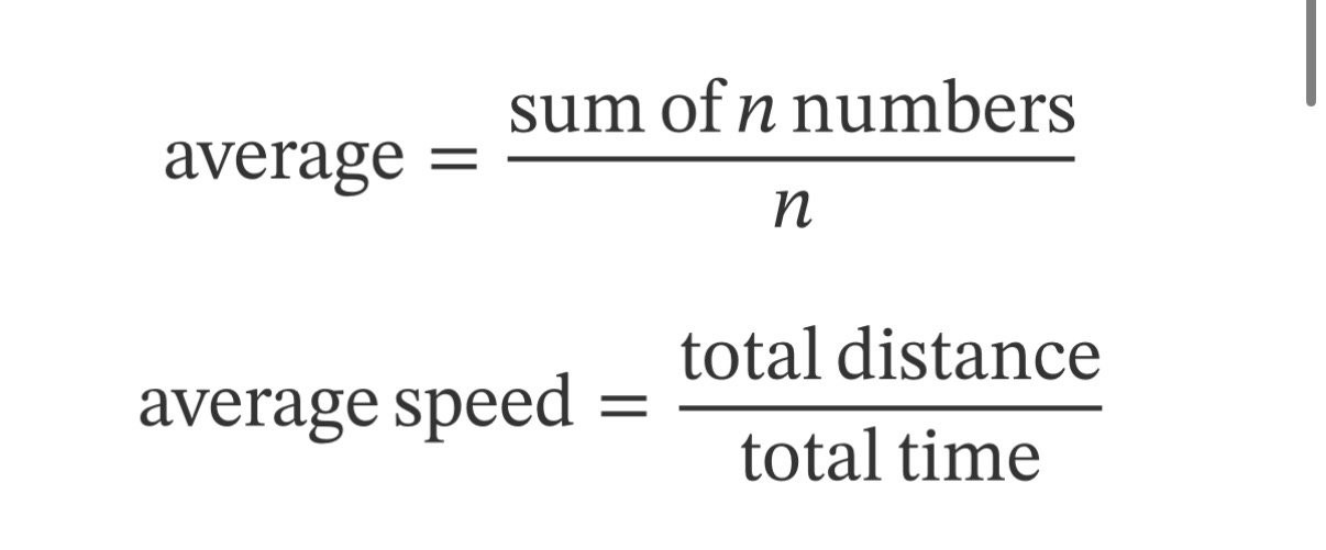<p>average = add all of the numbers and divide by total numbers</p><ul><li><p>average = sum of all terms in the set/ number of terms in the set</p></li></ul><p></p>