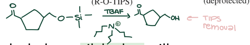 <p>R-O-TBDMS → R-OH (Alcohol) using TBAF (Bu₄N⁺F⁻) in THF. Fluoride has strong affinity for silicon.</p>