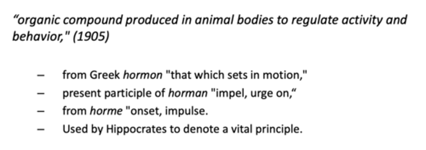 <p>- A chemical messenger (protein)</p><p>- Produced by an endocrine gland and released directly into the bloodstream</p><p>- Transported to a specific organ</p><p>- To bring about a response</p>