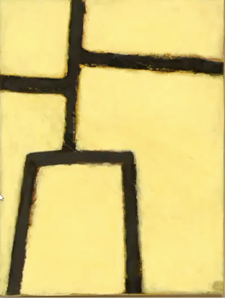 <p>Meret Oppenheim — Schwarze Strich-Figur vor Gelb (Black Stick Figure on Yellow)</p>