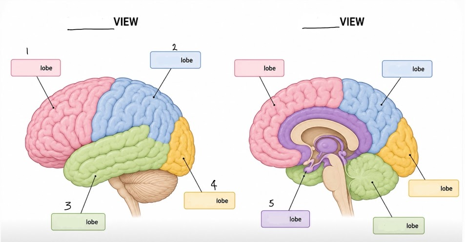 <p>Label the parts of the brain and the views</p>