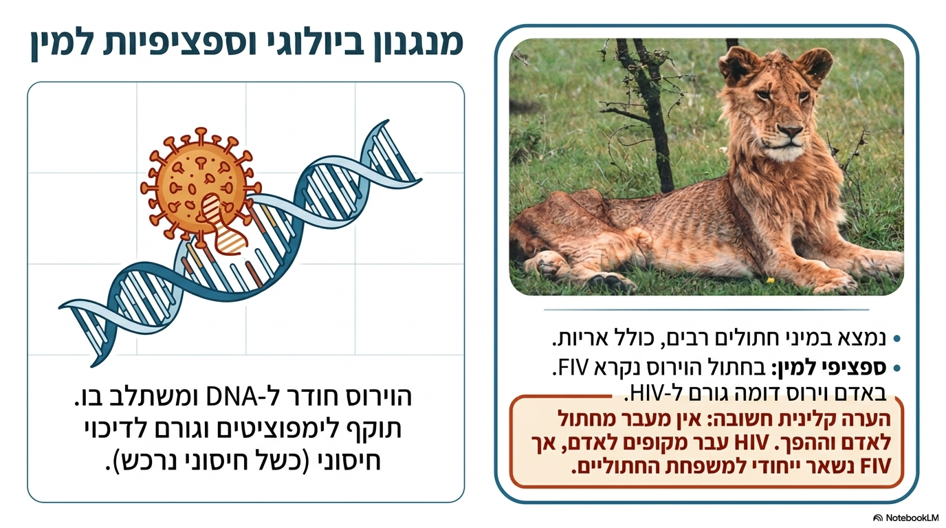 <ul><li><p><strong>גורם המחלה:</strong> נגיף מסוג <strong>לנטי-וירוס</strong> השייך למשפחת ה<strong>רטרו-וירוסים</strong>.</p></li><li><p><strong>מנגנון הפעולה:</strong> הנגיף חודר ישירות לתוך ה<strong>דנ"א</strong> של תאי המארח ומשתלב בתוכו. בתוך הלימפוציטים (תאי דם לבנים) הוא מחולל <strong>דיכוי חיסוני</strong> קשה.</p></li><li><p><strong>טווח מאכסנים:</strong> הנגיף נמצא במיני חתוליים רבים (כולל אריות). כמעט בכל היונקים קיימים נגיפים דומים המותאמים ספציפית לכל מין ומין.</p></li><li><p><strong>היבט זואונוטי:</strong> <strong>אין מעבר של הנגיף מחתול לאדם ולהפך</strong>. באדם נגיף דומה גורם למחלת ה<strong>אייץ'.איי.וי</strong></p></li></ul><p></p>
