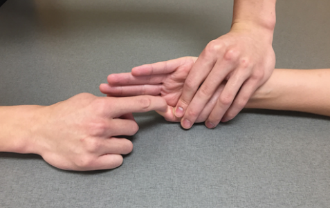 <p>elbow flexed and supported on table, forearm supinated (PICTURE IS DUMB!! JUST HAVE HAND SUPINATED AND THUMB ABDUCTED) thumb extended. put one hand around thumb to keep MCP in extension, use other hand to push on thumb pad</p><p>“bend the tip of your thumb as far as you can, and do not let me straighten it”</p>
