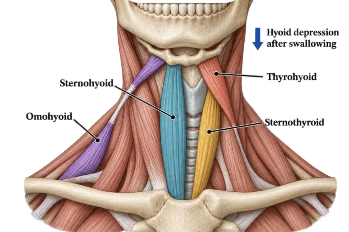 <p>large muscle that runs down vertically from the hyoid bone to the sternum. bone on the right side of the body</p><ul><li><p>light blue muscle</p></li></ul><p></p>
