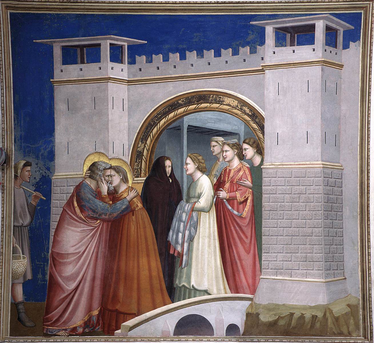 <ul><li><p>Depicts the namesake saint and his wife, in which after his time in the desert, he moved to and settled in Jerusalem, bringing with him a shepherd, and promptly embracing his wife and kissing her with great tenderness at the city gate in the Walls of Jerusalem</p></li><li><p>Features Renaissance Characteristics </p><ul><li><p>Depth/Linear Perspective</p><ul><li><p>Is one of the first and best examples of figures taking up space and not being flat as they are in the Renaissance</p></li></ul></li><li><p>Emotion</p><ul><li><p>Can be seen in the faces surrounding the two central figures</p></li><li><p>It gives the scene a sense of worth and intimacy</p></li></ul></li><li><p>Techniques</p><ul><li><p>Chiaroscuro</p><ul><li><p>This technique allows for the figures to take up space in the work</p></li></ul></li></ul></li></ul></li></ul><p></p>