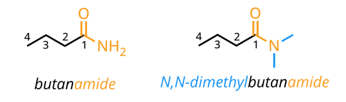 <p>“-amide”</p><ul><li><p>if alkyl groups are bonded to the amide nitrogen, they are specifiecd with the locant “N”</p></li></ul><p></p>