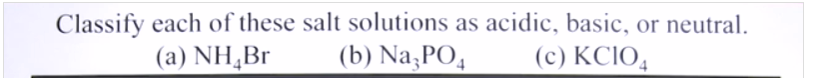<ol><li><p>ID the cation and Anion</p></li><li><p>ID if any component is a part of a strong acid or base</p></li></ol><ul><li><p>if you have a component thats a strong acid or base, regardless cation or anion, its neutral</p></li><li><p>If you have a component thats a weak base, i.e NH4, it’s acidic</p></li><li><p>If you have a component thats a weak acid, i.e PO4, its basic</p></li></ul><p></p>