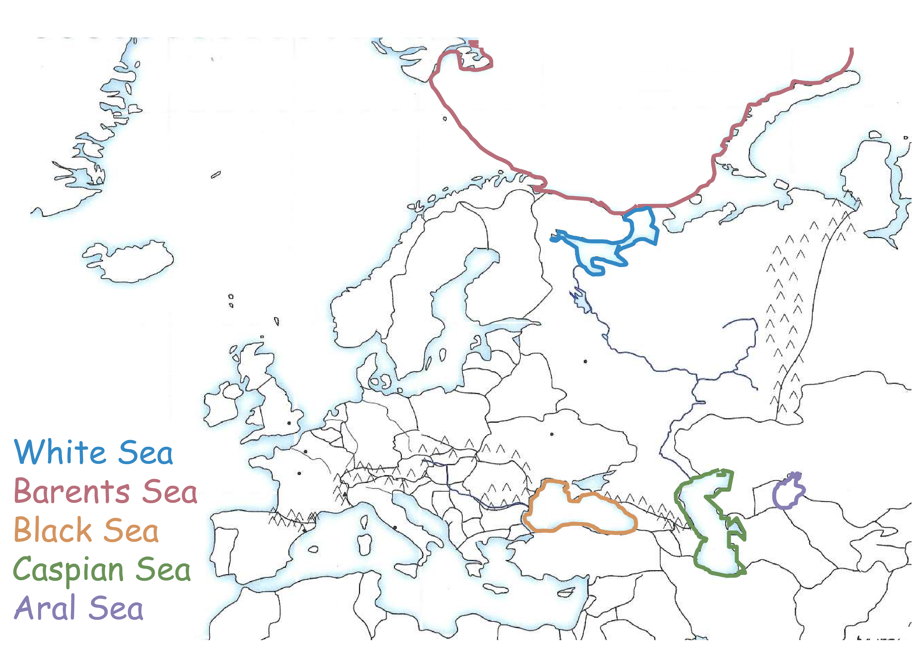 <p><mark data-color="blue" style="background-color: blue; color: inherit;">White Sea</mark></p><p><mark data-color="red" style="background-color: red; color: inherit;">Barents Sea</mark></p><p><mark data-color="#f69d3d" style="background-color: rgb(246, 157, 61); color: inherit;">Black Sea</mark></p><p><mark data-color="green" style="background-color: green; color: inherit;">Caspian Sea</mark></p><p><mark data-color="purple" style="background-color: purple; color: inherit;">Aral Sea</mark></p>