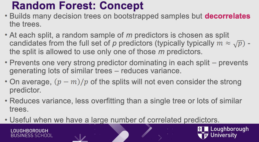 <p><strong>Solution Part 2: Feature Randomness (Decorrelating the Trees)</strong></p><ul><li><p><strong>The Concept:</strong> This is the most crucial part of the Random Forest algorithm. When a tree is trying to make a decision (a split), it is <strong>not allowed</strong> to look at all the variables at once. It is only allowed to choose from a small, random subset of variables (e.g., <span>$m \approx \sqrt{p}$</span>).</p></li><li><p><strong>The Solar Example:</strong> Suppose "Household Income" is a massively dominant, obvious predictor of buying solar panels. If every tree could see all variables, every single tree would split on "Income" first. You would end up with 500 identical trees making the exact same mistakes.</p></li><li><p>By randomly hiding the "Income" variable from some of the trees, the algorithm forces them to look for secondary, subtler clues—like "Environmental Beliefs," "Government Subsidies," or "Roof Size." This forces the trees to become highly diverse and <strong>decorrelated</strong> from one another.</p></li></ul><p><strong>4. The Final Result: Variance Reduction</strong></p><ul><li><p><strong>The Conclusion:</strong> A single deep decision tree has high variance (it makes wild, over-sensitive guesses). However, because the Random Forest is made up of hundreds of diverse, decorrelated trees, their individual, weird mistakes cancel each other out.</p></li><li><p>By <strong>averaging</strong> the predictions of this diverse committee, the Random Forest dramatically reduces the overall variance without increasing the bias. The final prediction becomes incredibly stable, robust, and highly resistant to overfitting.</p></li></ul><p>More clever than bagging (samples and averages between different trees), bagging the trees are very similar, some of the predictors will dominate the splits. Random forest corrects for this.</p><p>&nbsp;</p><p>Draws the random sample of predictors from the predictors space, then choose the best predictor from a sub sample…..</p><p></p>