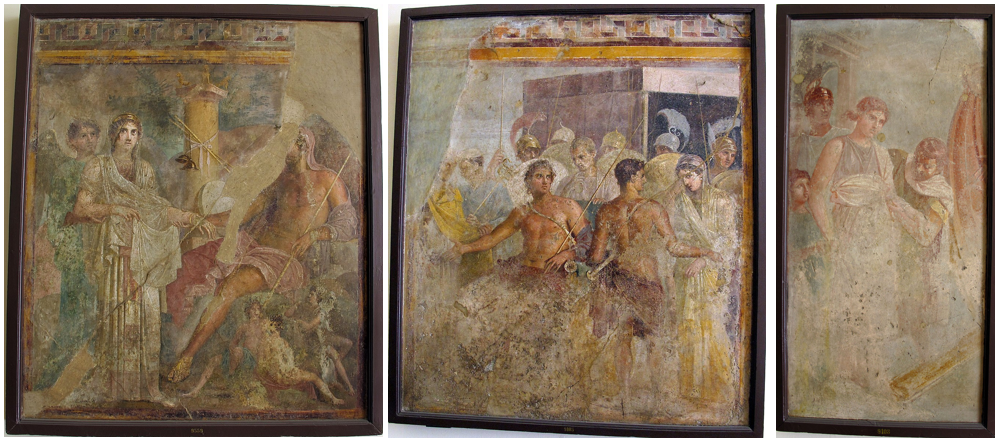 <p>Identify these three paintings in the atrium of the house of the tragic poet: </p>